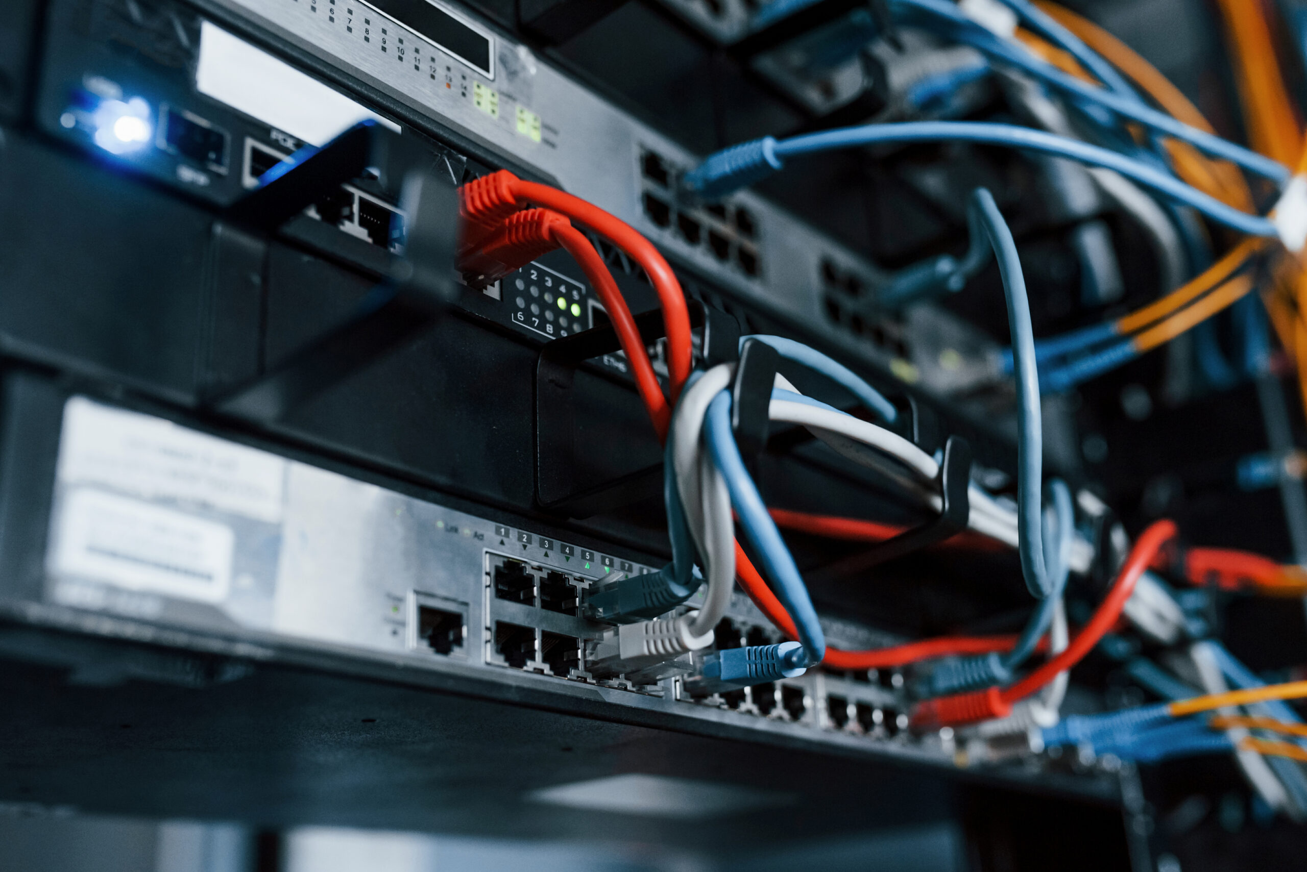 Close up view of internet equipment and cables in the server room Close up view of internet equipment and cables in the server room.